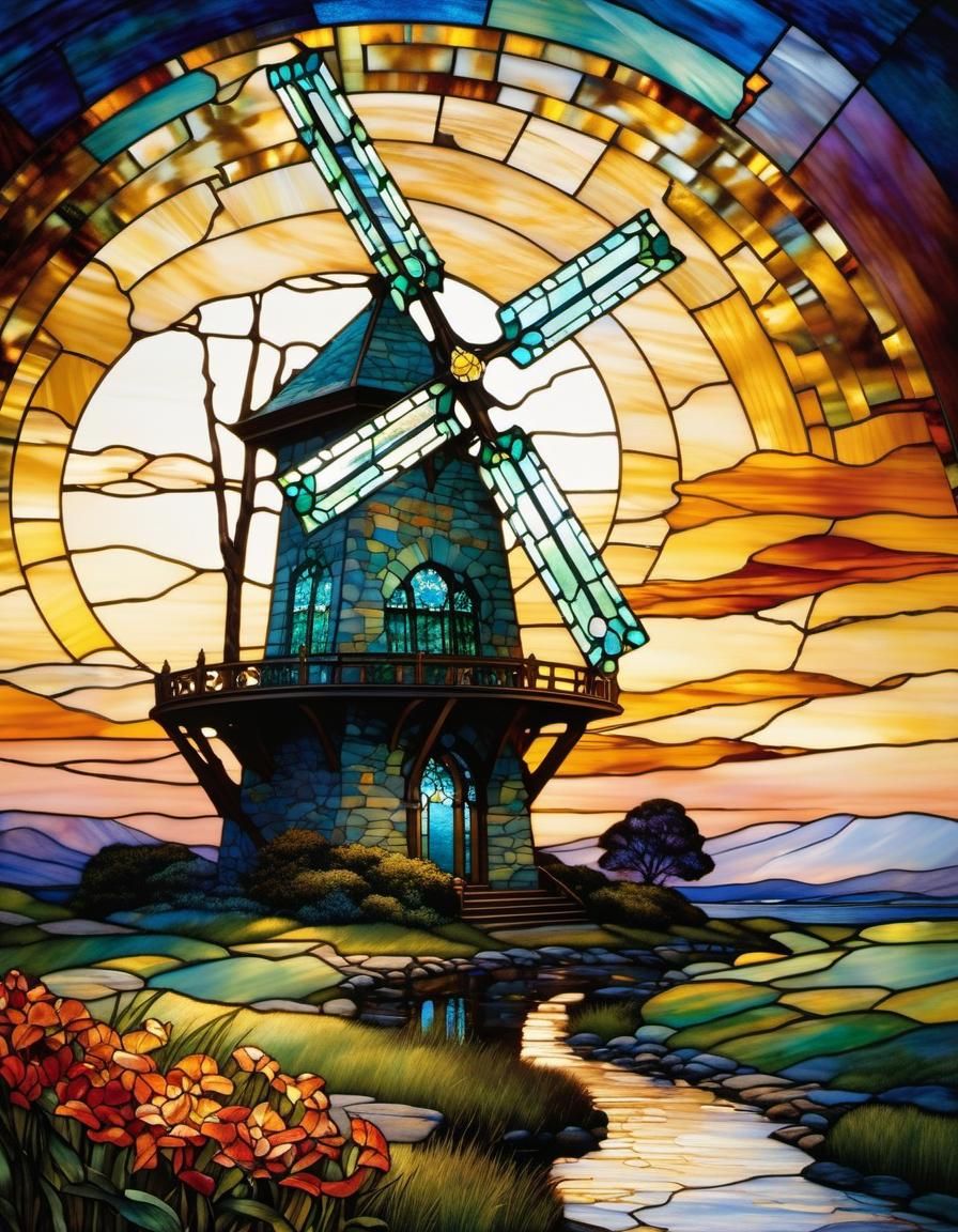 Stained Glass Windmill in Tiffany Style