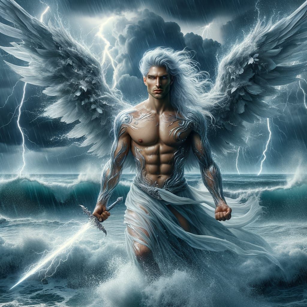 Water Angel Wielding Lightning Sword in Storm