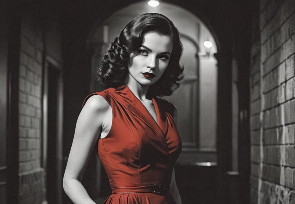 Glamorous Woman in Red Dress, Film Noir Style