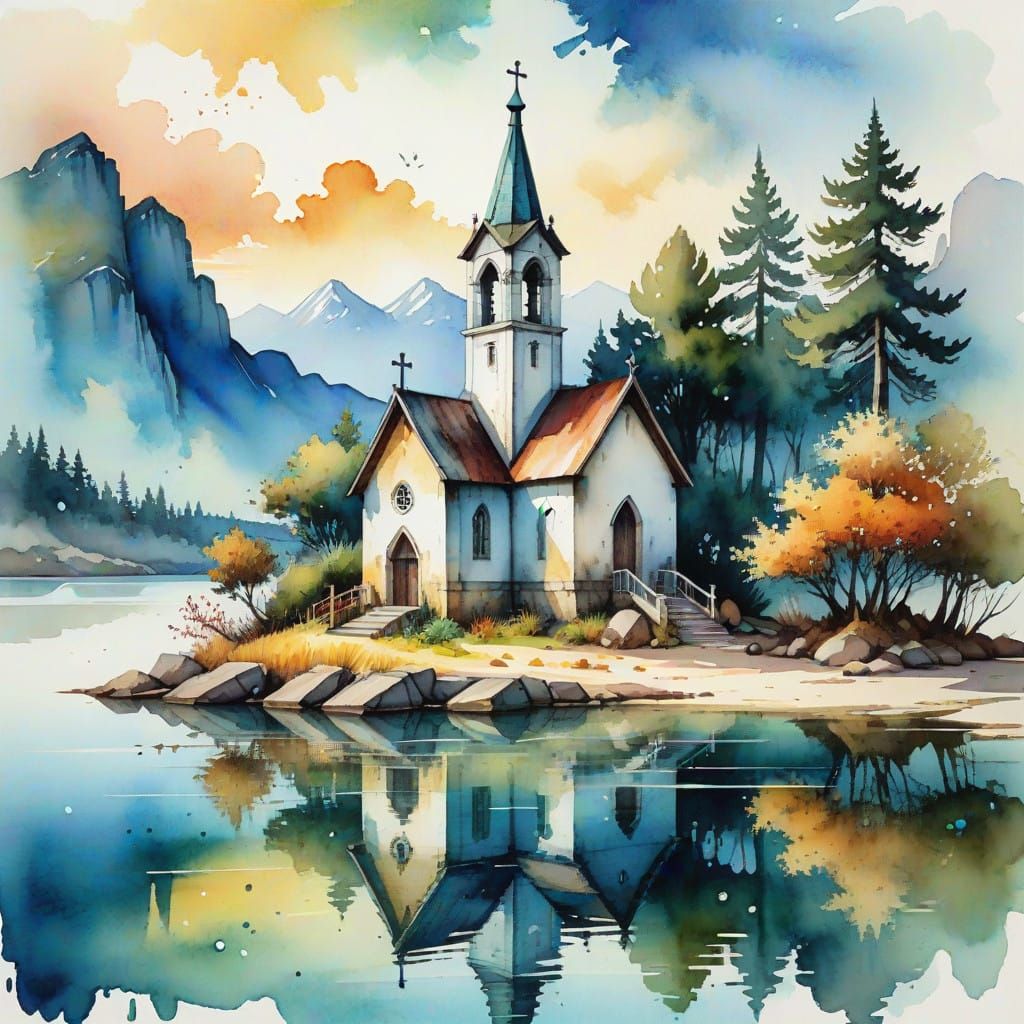 Watercolor Church on an Island in a Serene Lake