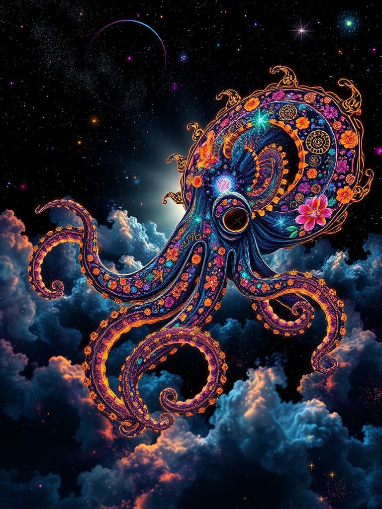 Bioluminescent Space Squid in Fractal Nebula