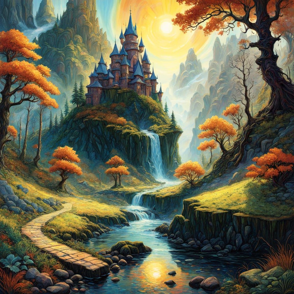 Autumn Forest Stream in Maximalist Alcohol Ink Style