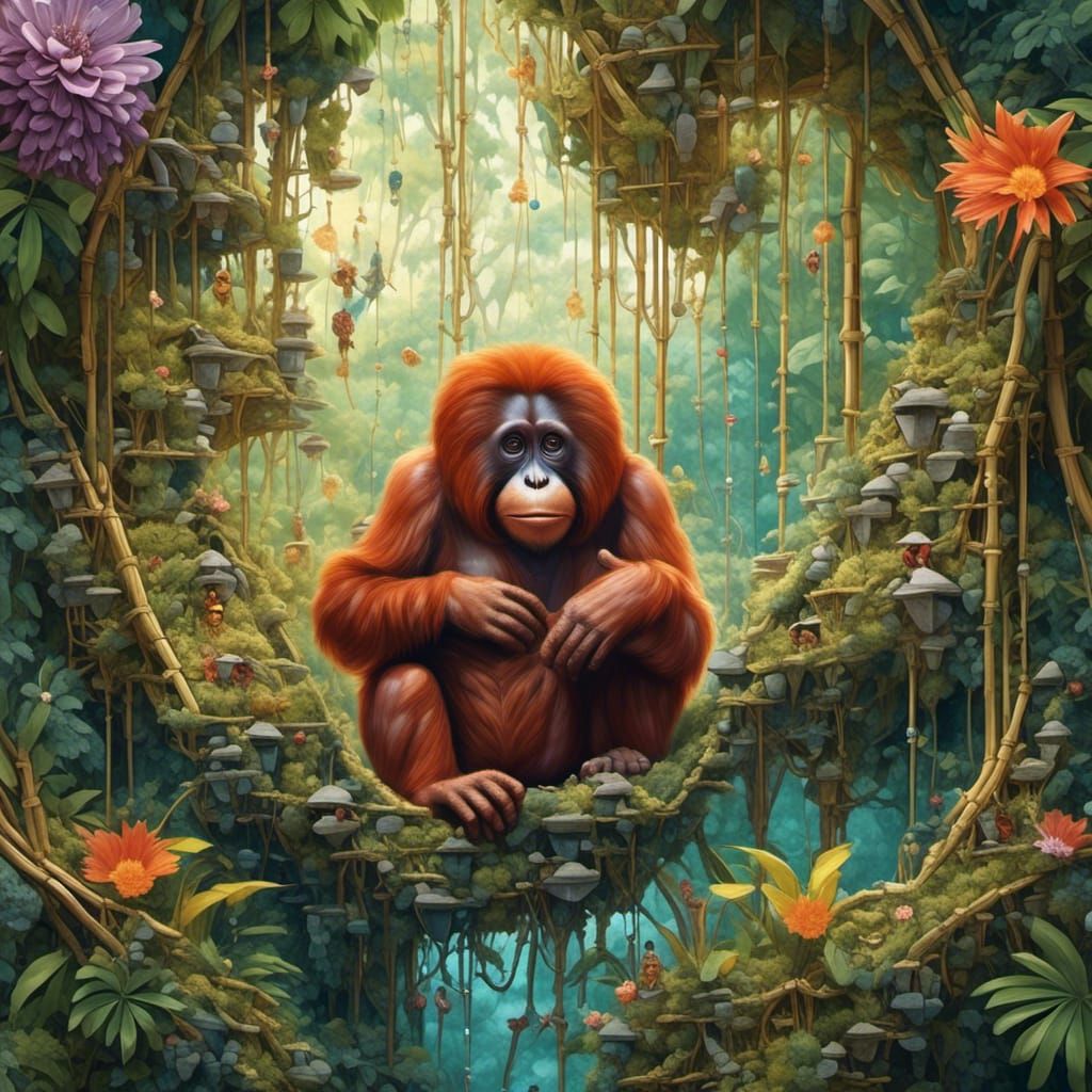 Orangutan Through Glass in Bamboo Jungle: Abstract Art