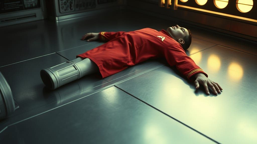 Star Trek Redshirt Deceased on Metallic Floor