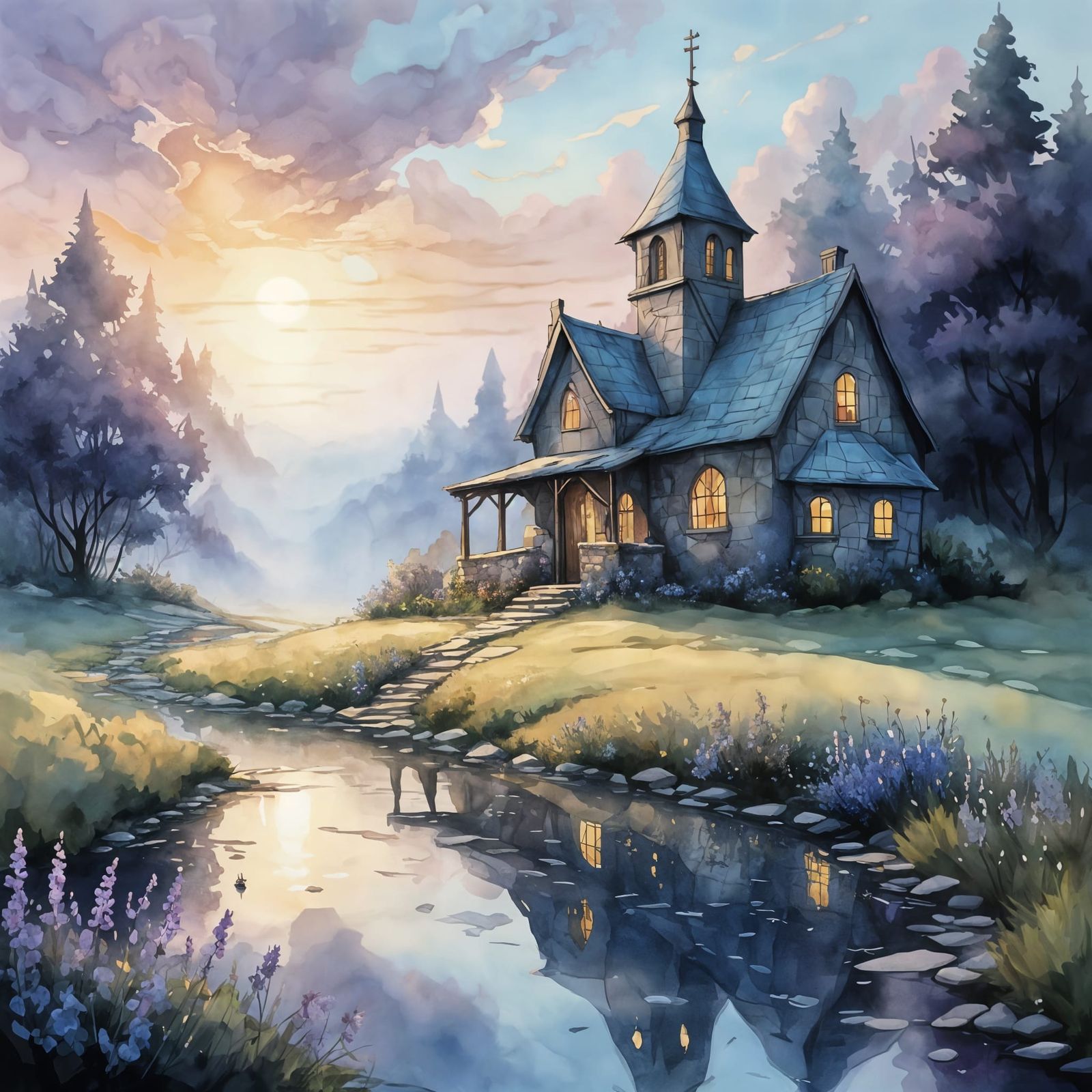 Magical Stone House in Misty Meadows at Sunrise