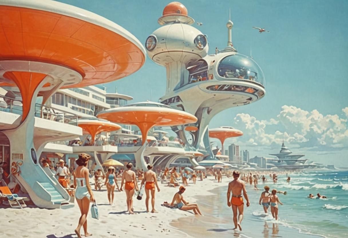 retro-futuristic Miami beach scene.
