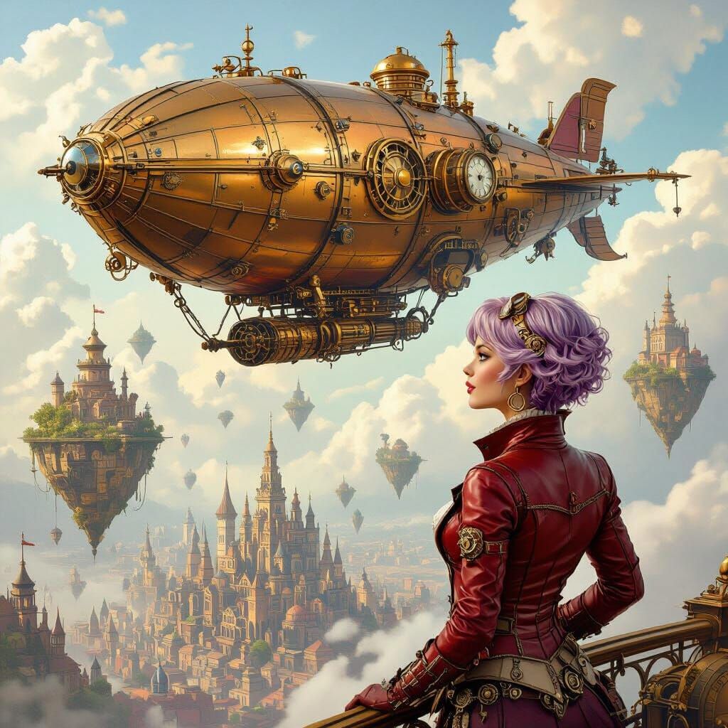 Steampunk Airship & Woman Above Victorian Floating Islands