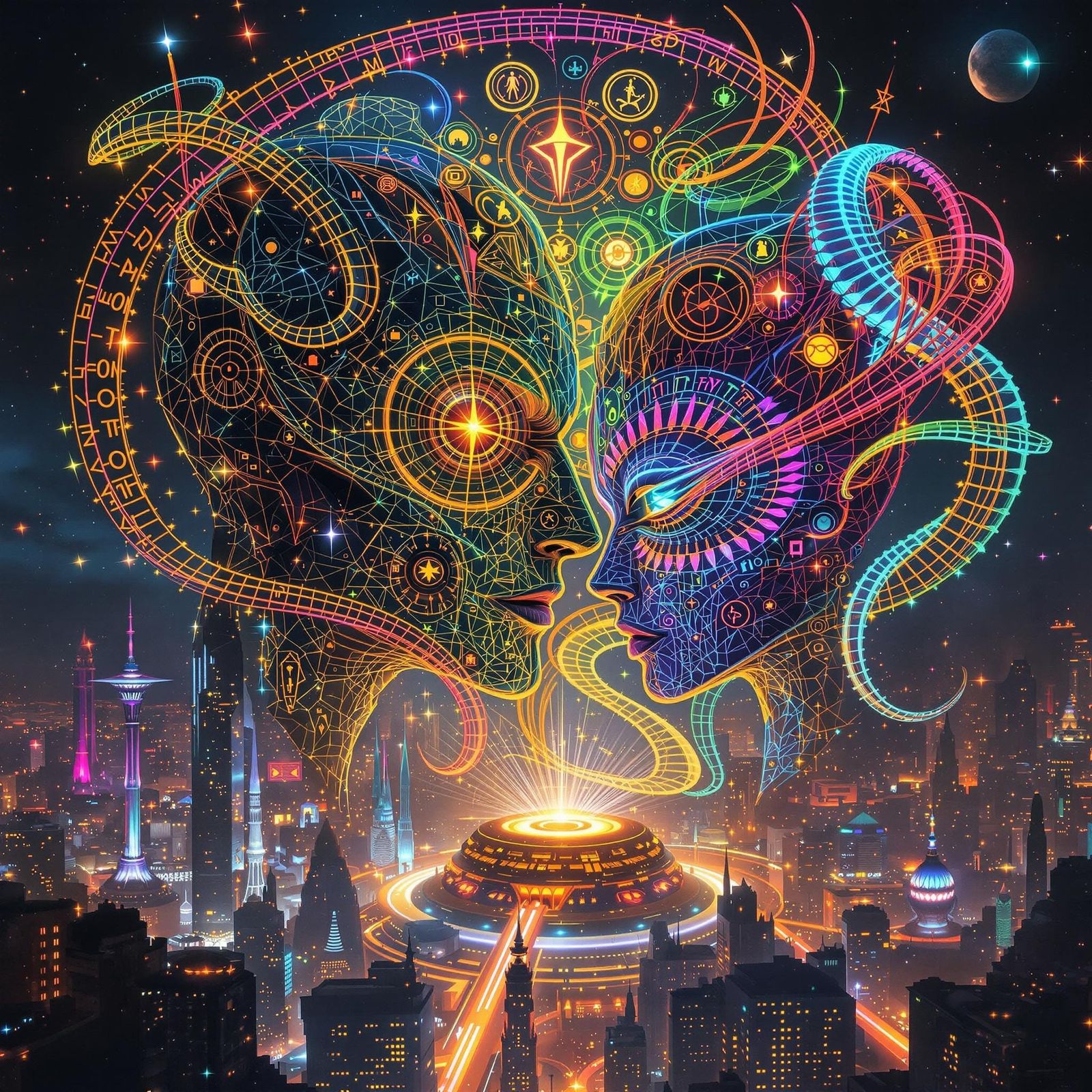 Futuristic Humanoid Hybrids in Iridescent Metropolis