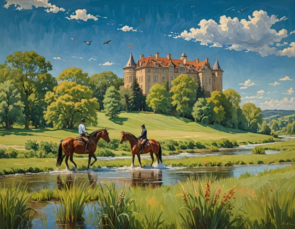 Majestic Horse and Rider in 19th Century Impressionist Lands...