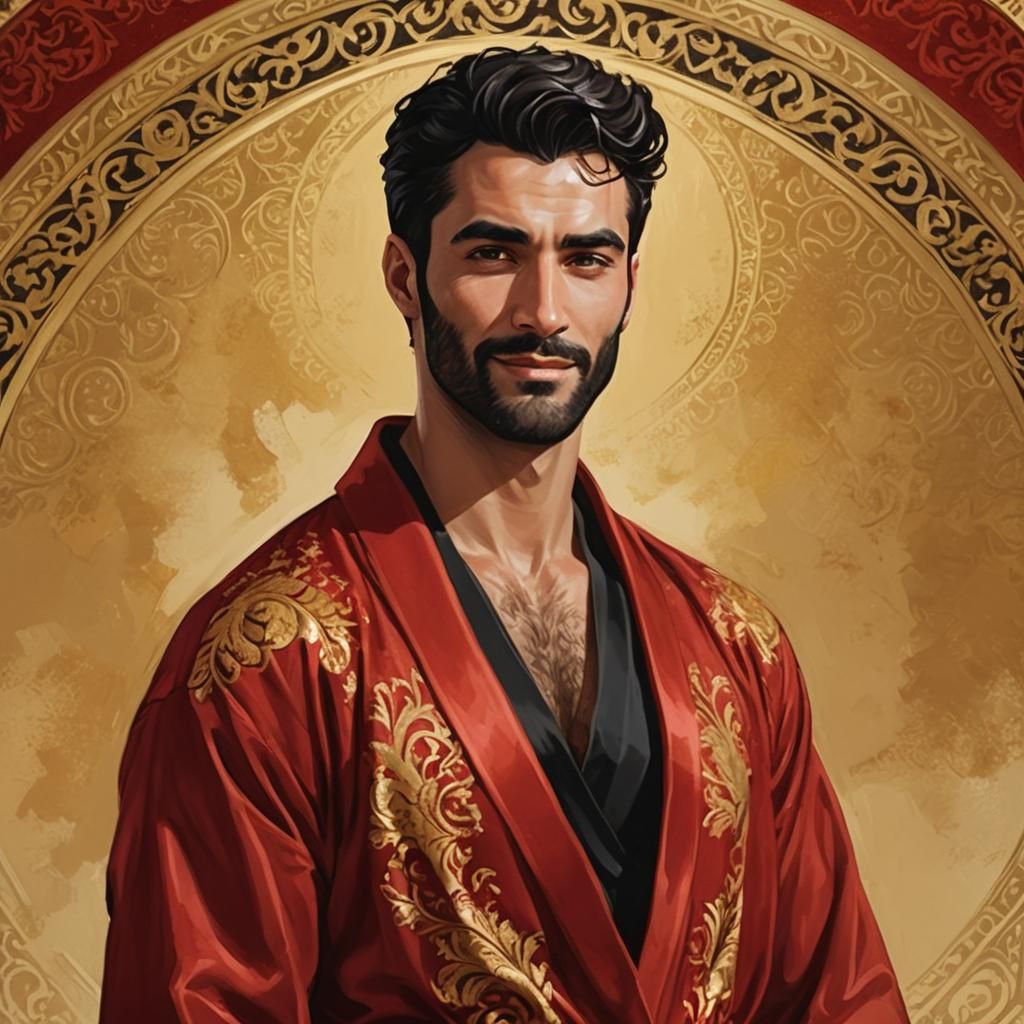 Elegant Man in Red and Gold Robes, Art Nouveau Portrait