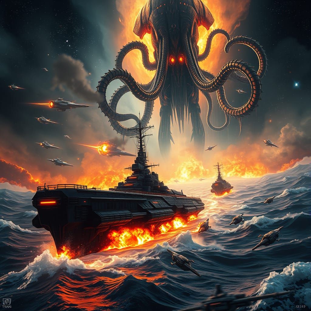 A futuristic warship engulfed in flames amidst a raging sea, battling against a colossal multi-tentacled alien war machi...