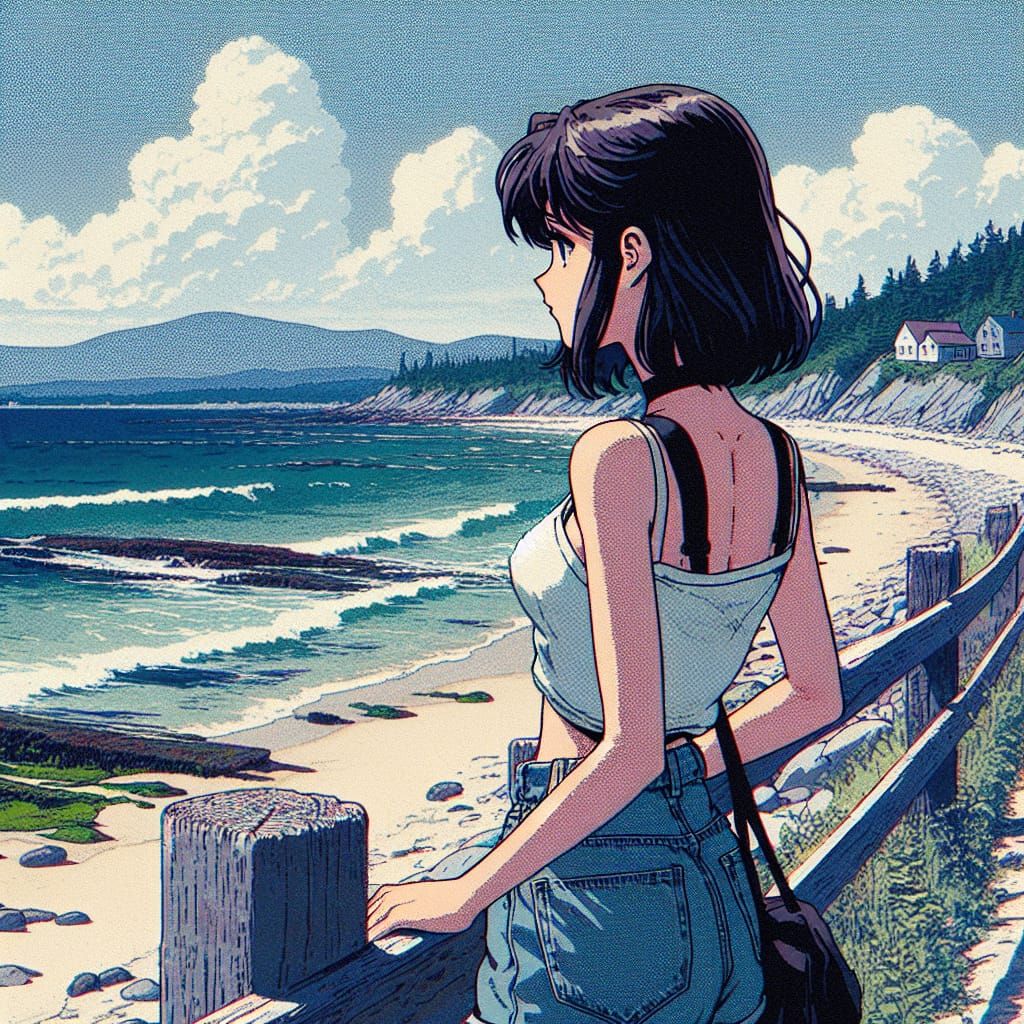 90s Anime Coastal Scene: Girl on Maine Beach