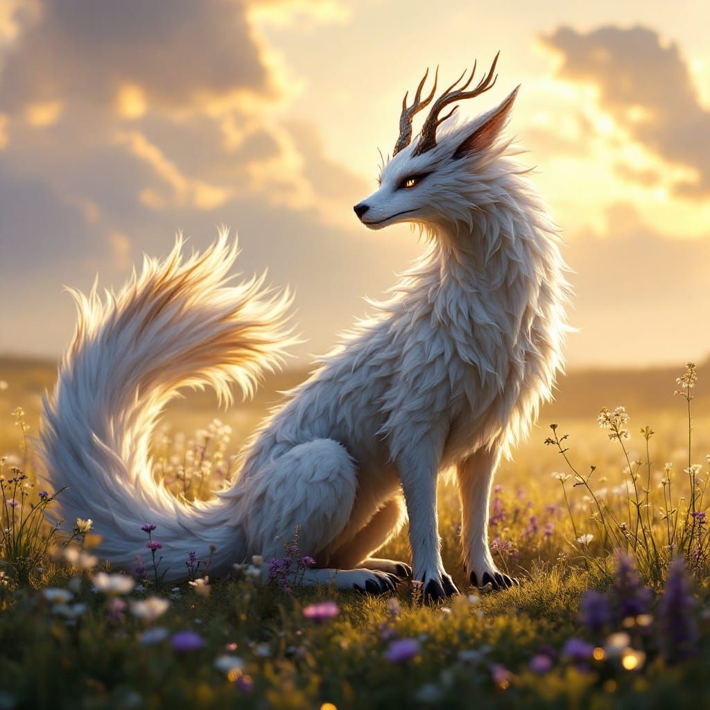Regal White Fox Dragon in Vibrant Emerald Landscape
