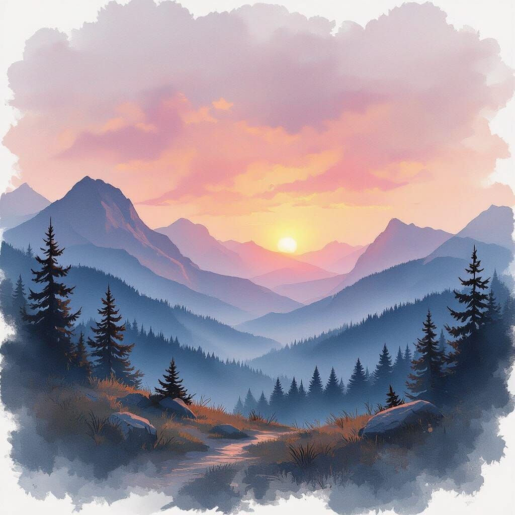 Serene mountain landscape at sunset.
