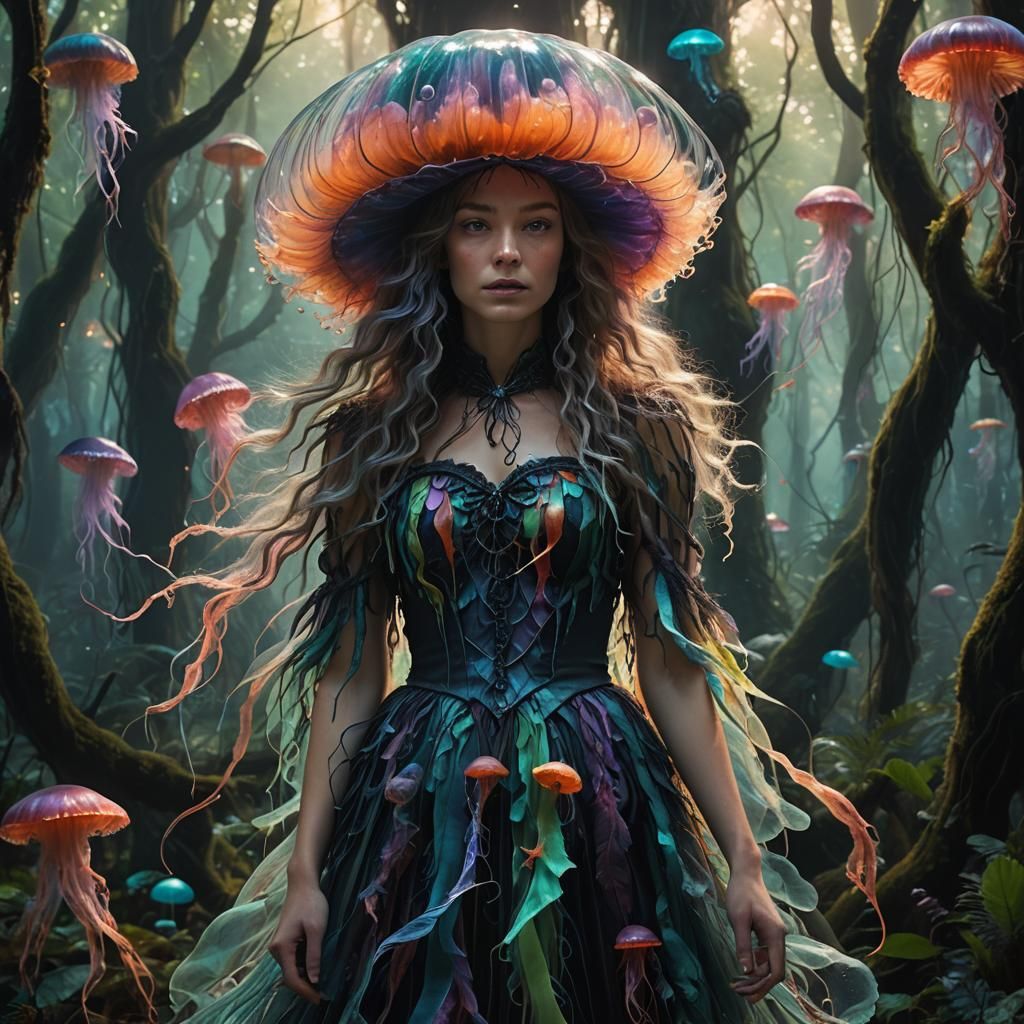 Mystical Witch in Forest with Jellyfish Hat