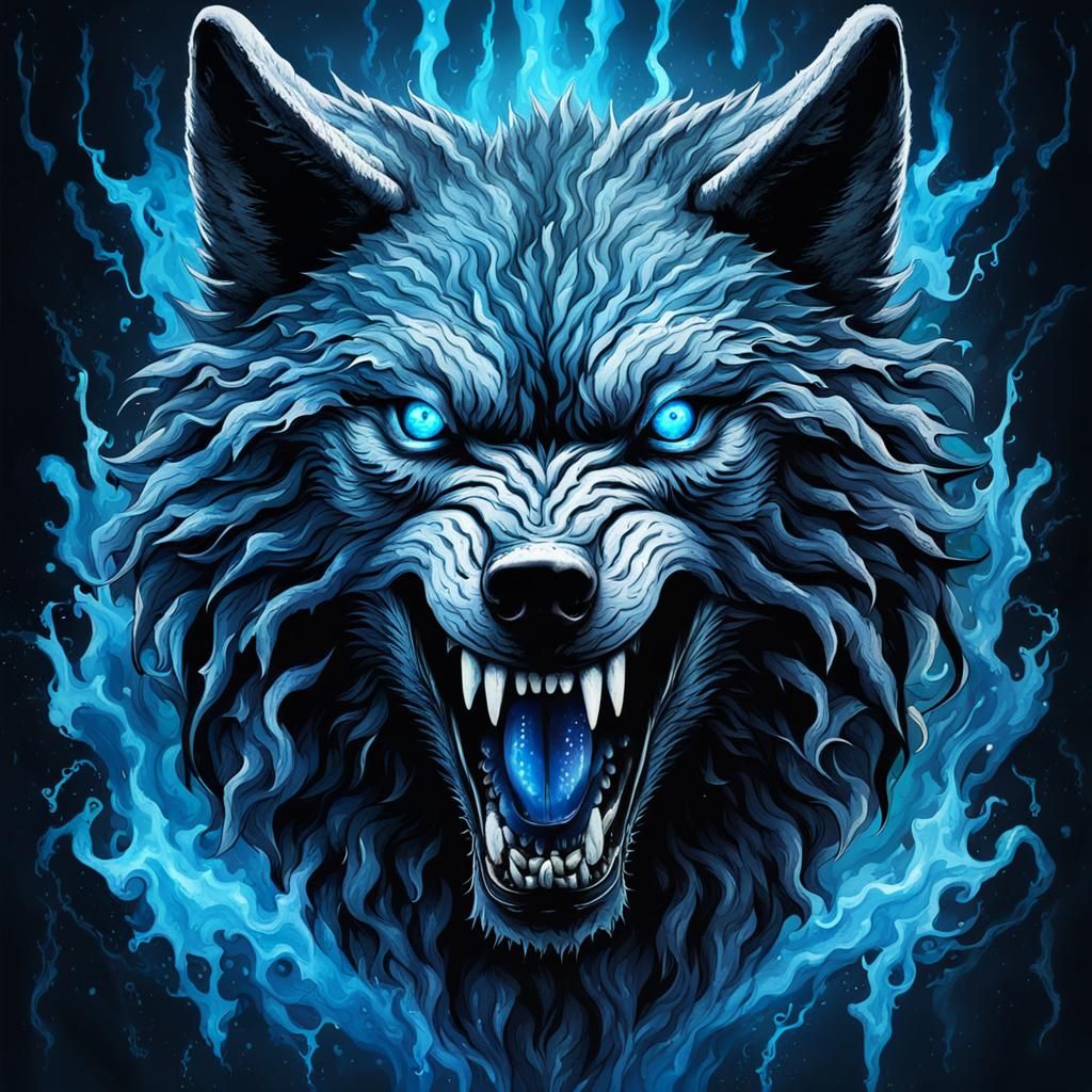 Flaming blue wolf portrait