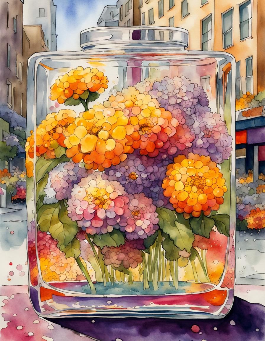 Blooming Flowers in City Tank, Watercolor Painting