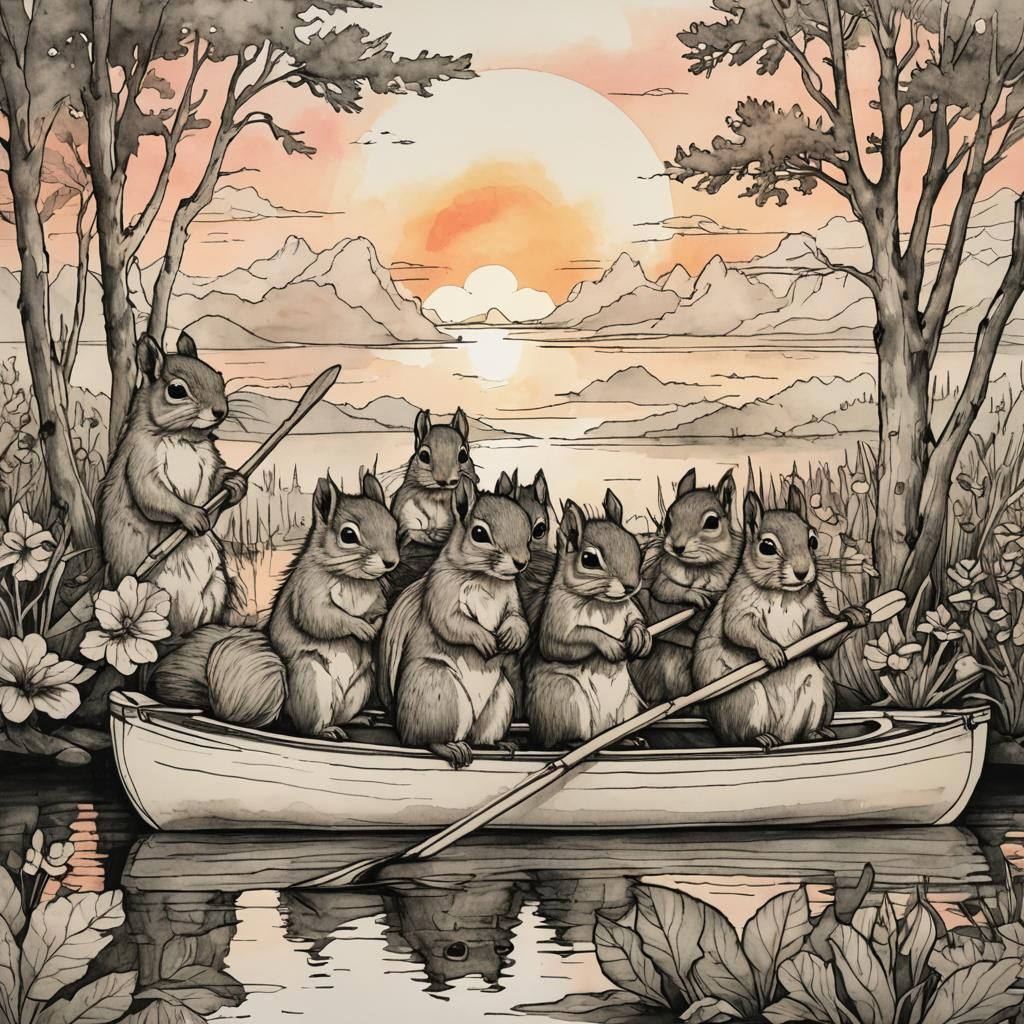 Squirrels' Sunset Canoe Trip: Alcohol Ink Line Drawing
