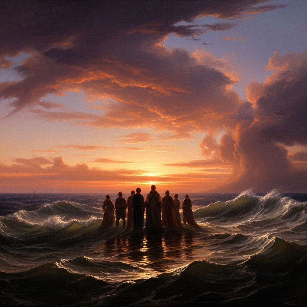 Figures Brave Stormy Sunset on Turbulent Ocean