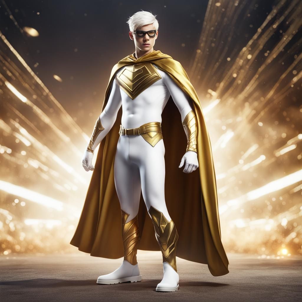 British Teen Superhero in White and Gold Costume