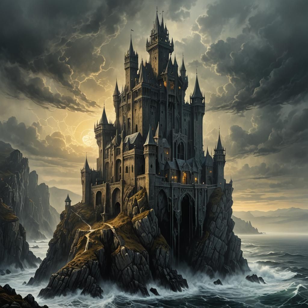Grotesque Castle Over Turbulent Sea, Dark Fantasy Art