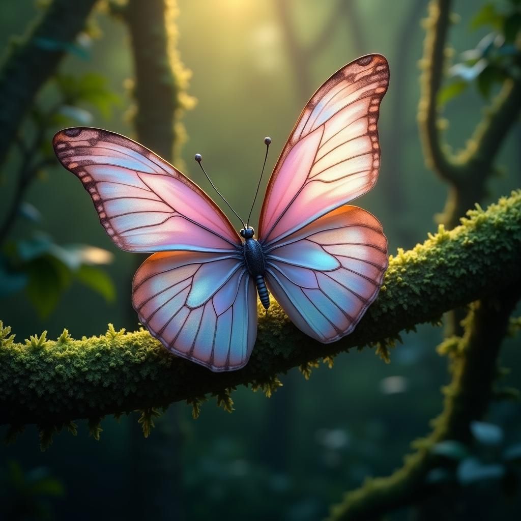 Pink and Blue Butterfly on Mossy Branch