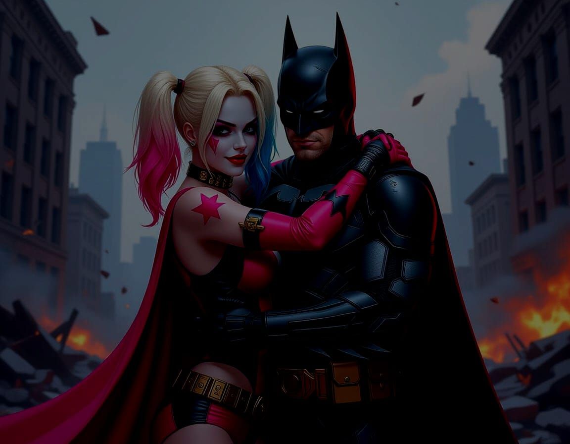 Harley Quinn and Batman Hugging in a Destroyed City