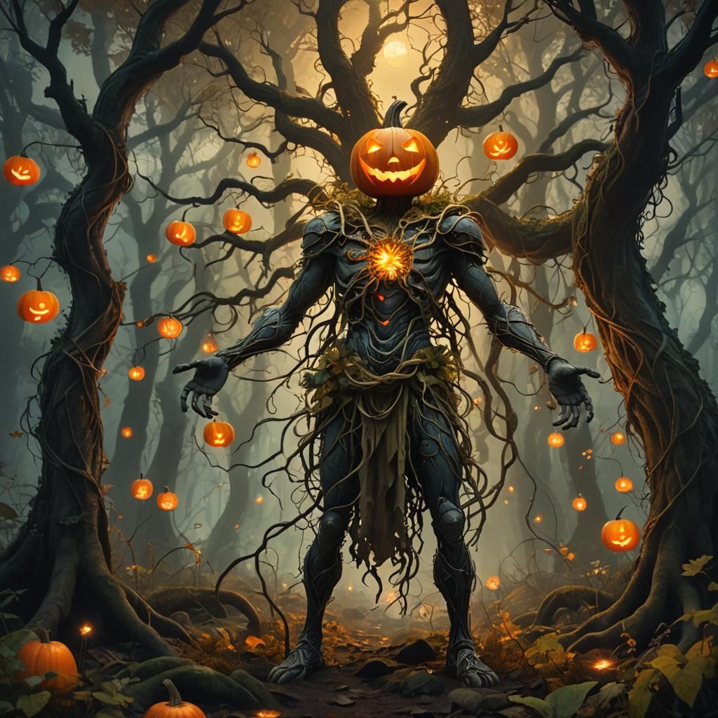 Mystical Pumpkin-Headed Man in Ancient Forest