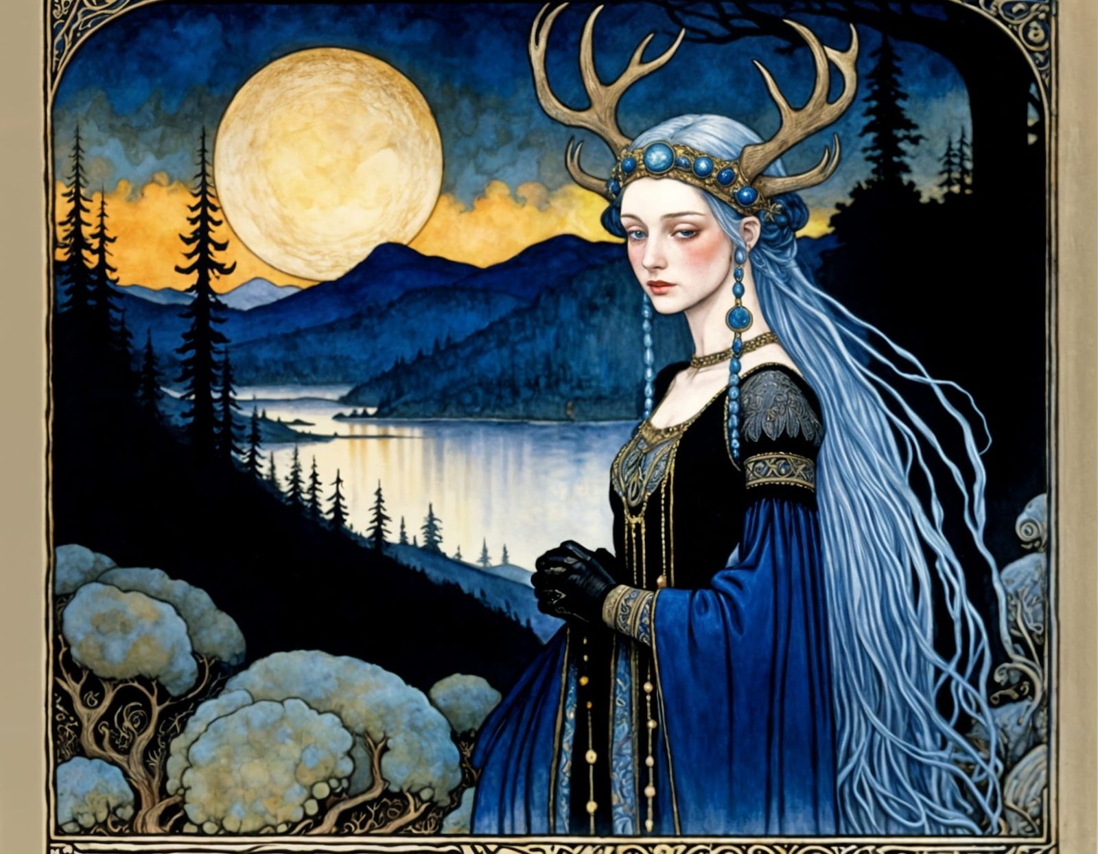 Whimsical Woman in Wooded Glade Illustration