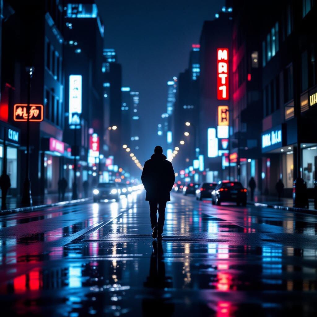 Rainy City Street at Night in Moody Film Style