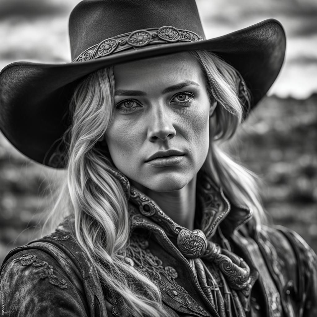 Monochrome Portrait of a Blonde Gunslinger in HDR