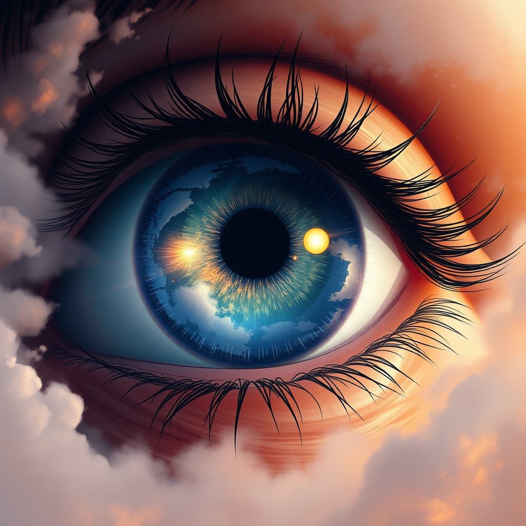 World Reflected in Eye: Swirling Clouds, Matte Painting Styl...