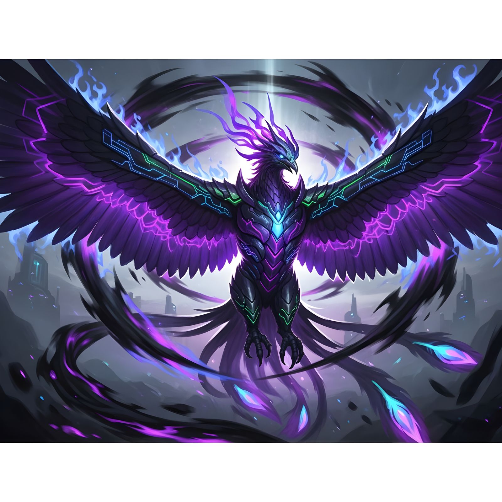 Armored Phoenix in Black and Purple Flames