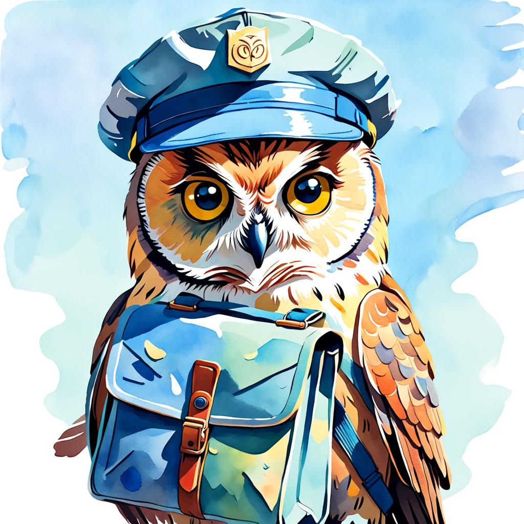 Watercolor Owl Postman Logo with Art Nouveau Influences