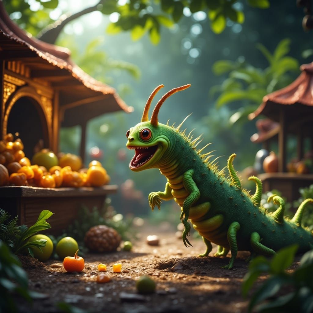 Excited Caterpillar at Food Stall, Whimsical Art