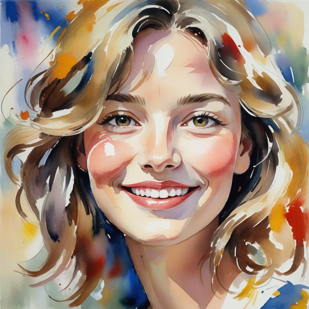 Woman's Gentle Smile in Vibrant Gouache Impressionist Master...
