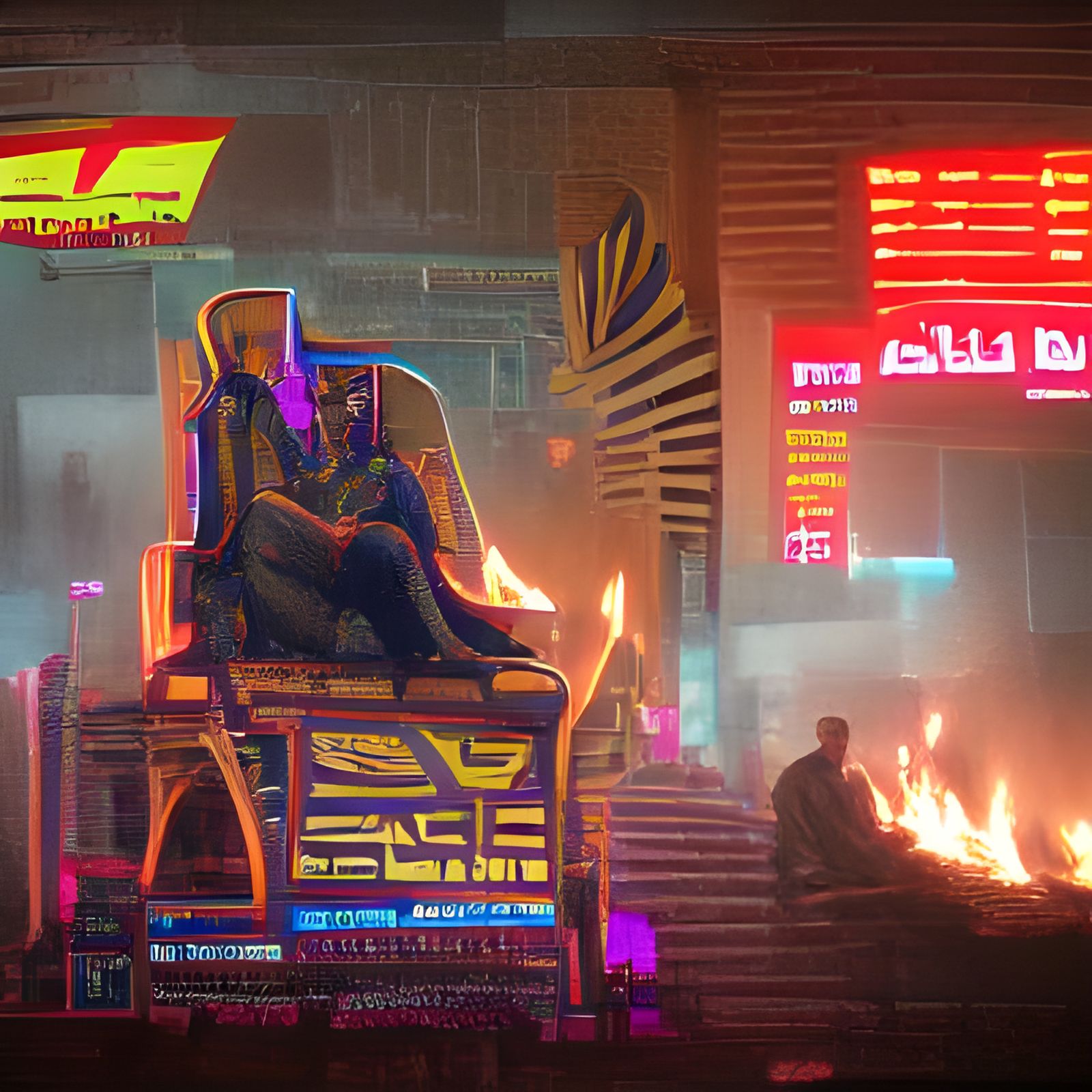 Burning Pharaoh in Cyberpunk Neon Throne