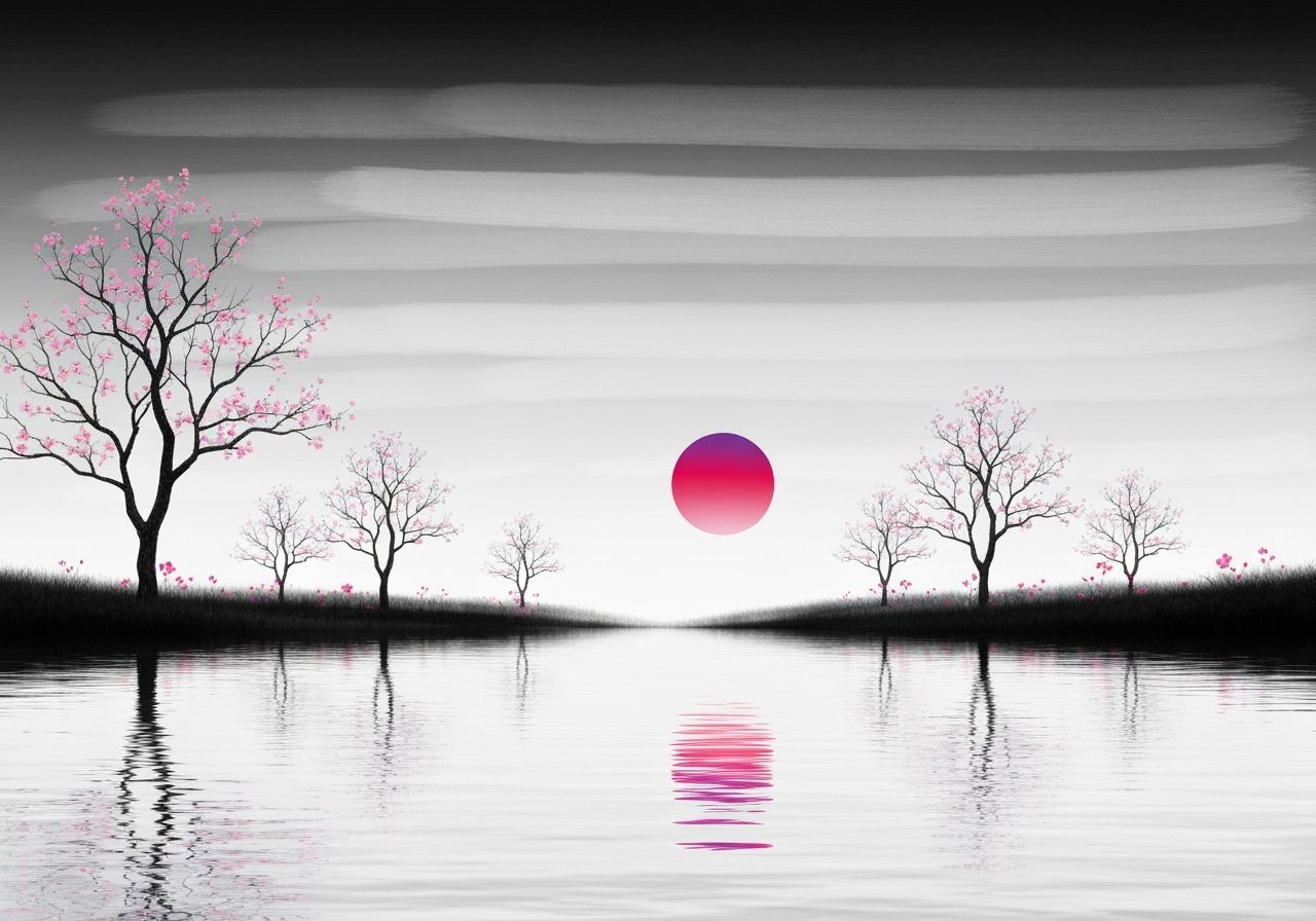 Abstract Landscape with Pink Flowers and Red Sun
