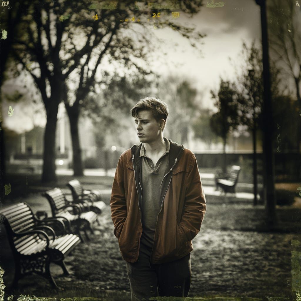 Contemplative Young Man in Quiet Park Scene