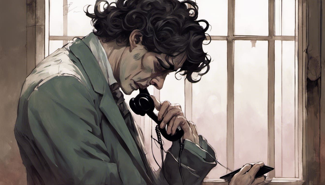 Sad Anime Man on Phone: Supernatural Digital Art