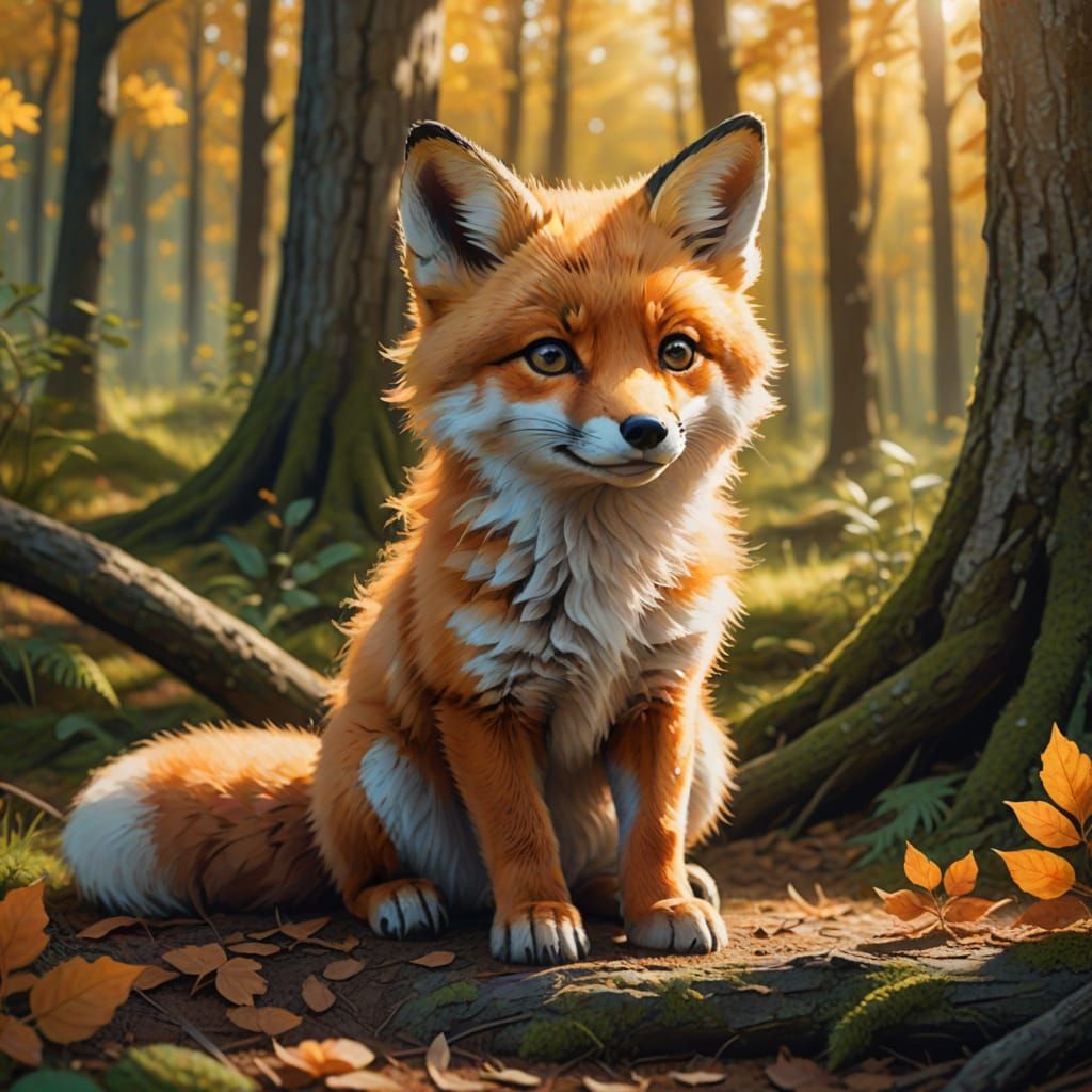 Adorable Baby Fox in Sunlit Forest Clearing