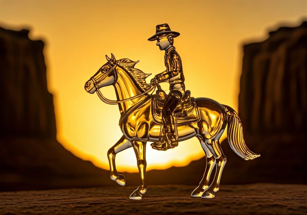 Glass Horse and Rider Sculpture in Western Landscape