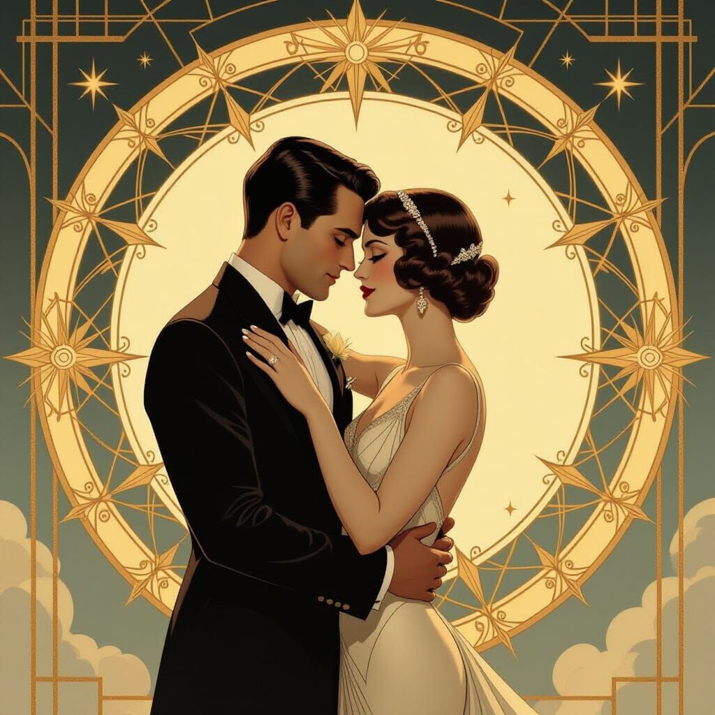 Art Deco Embrace Under Cosmic Stars