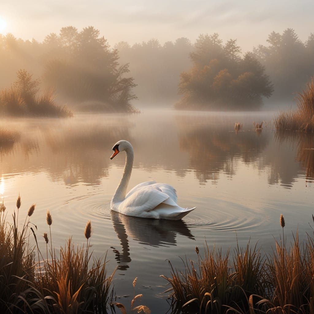 Swan Glides Across Misty Lake in Golden Light