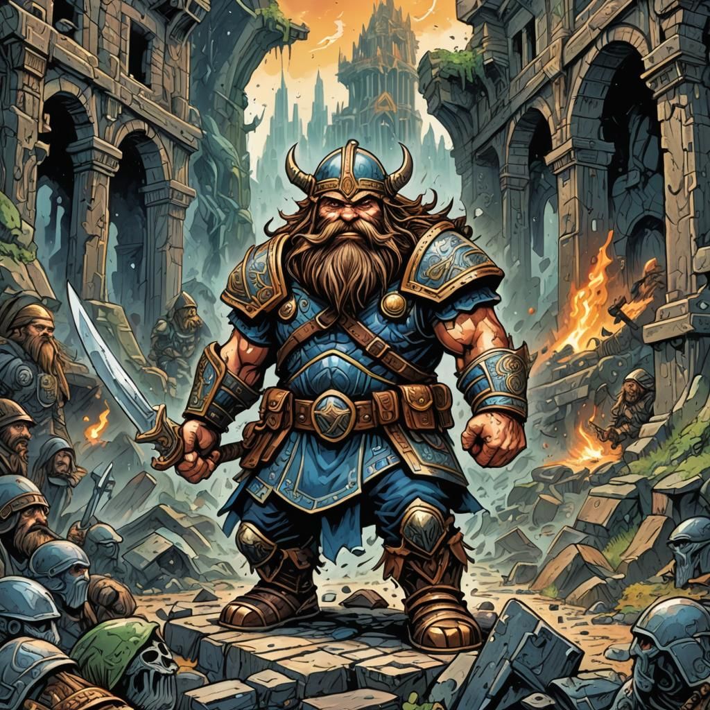 Dwarf Warrior in Dystopian War, Naive Art Illustration