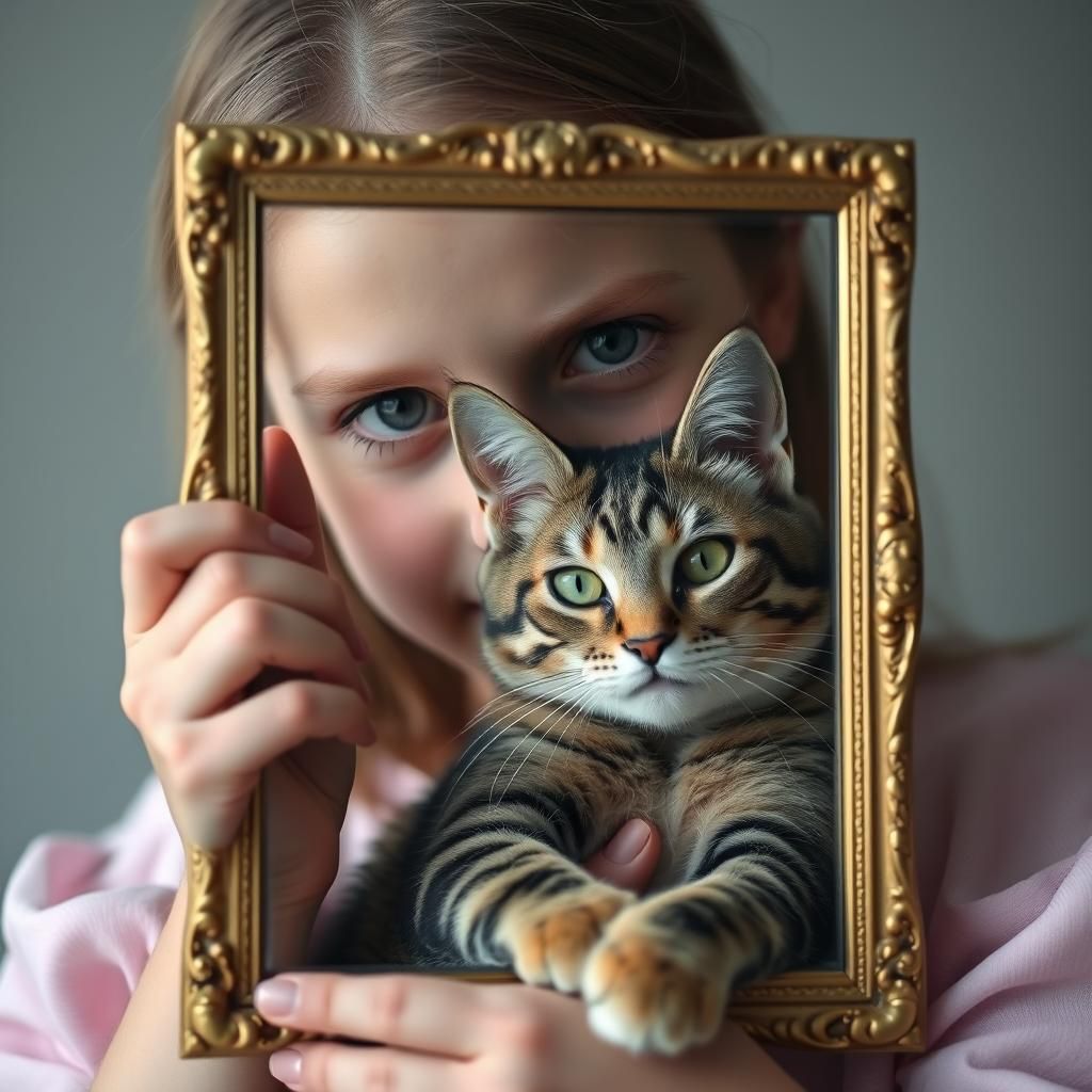 Magic Mirror Portrait of Girl with Cat