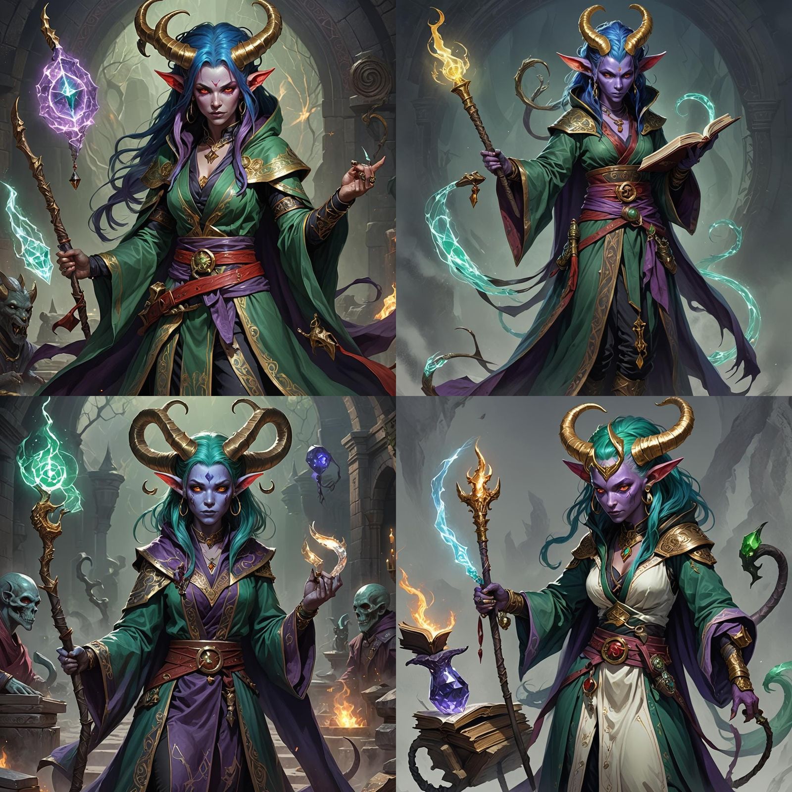 Tiefling Summoner with Golden Horns, Dark Fantasy Art