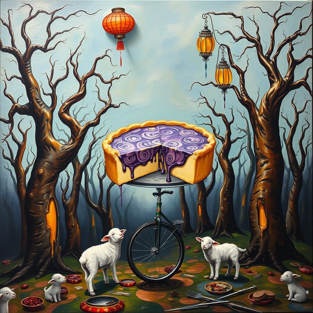 Whimsical Surrealist Scene with Swirling Purple Cheese and L...