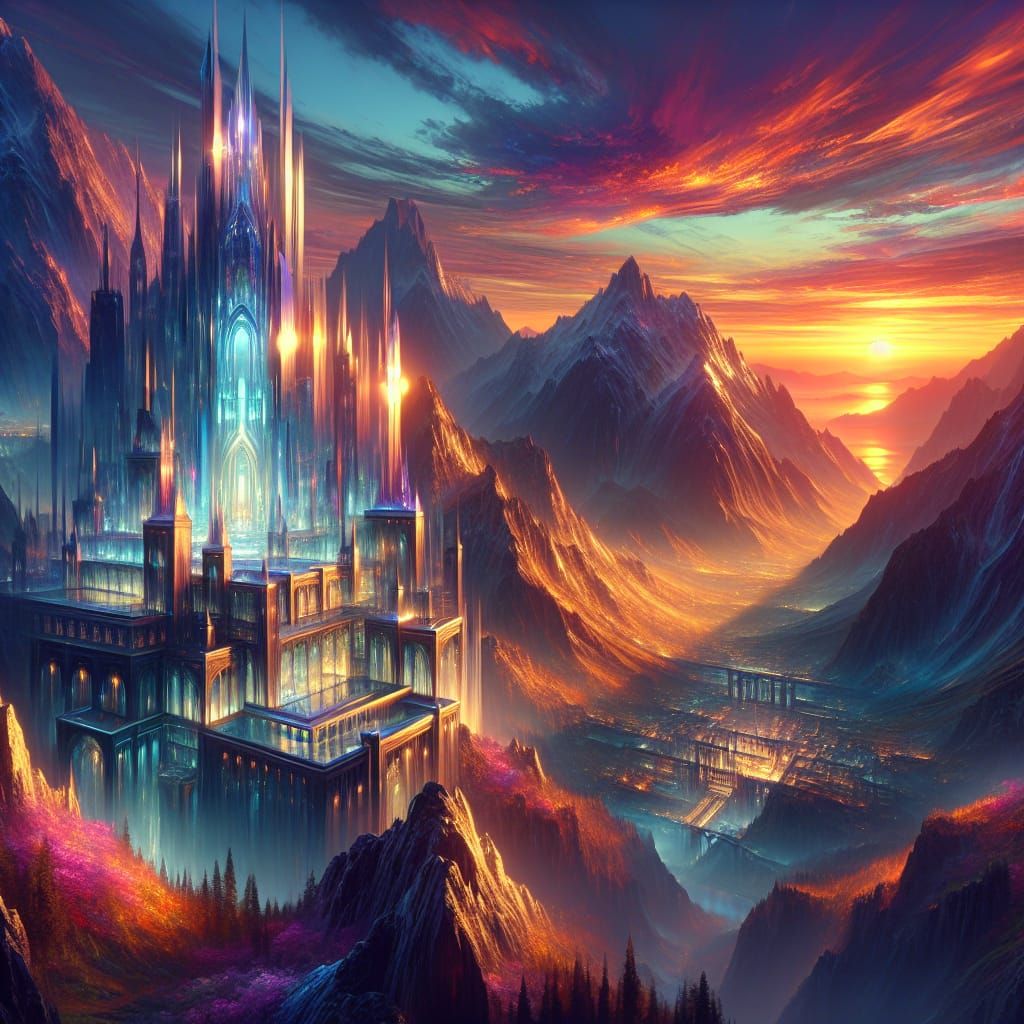 Glass Castle in Mountain at Sunset: Fantasy Landscape