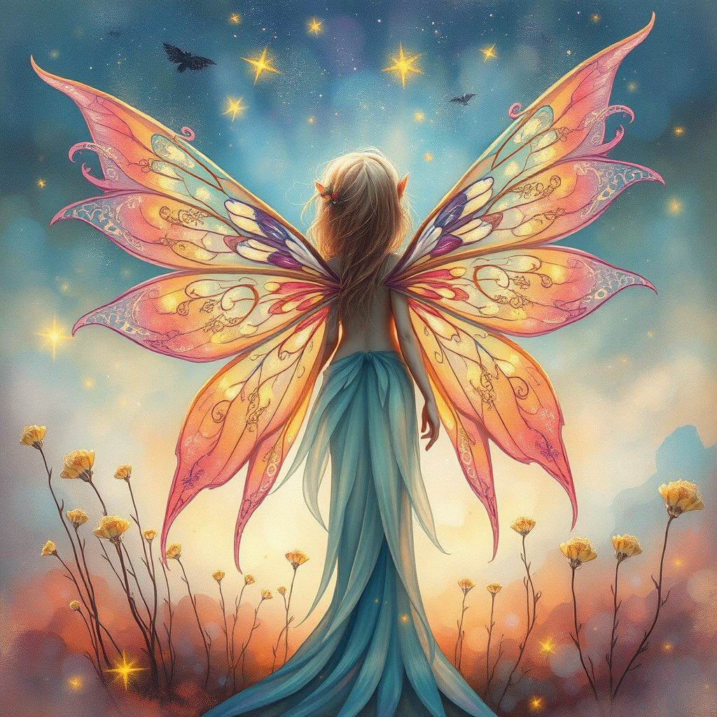 Ethereal Fairy Elf with Intricate Wings, Watercolor Style